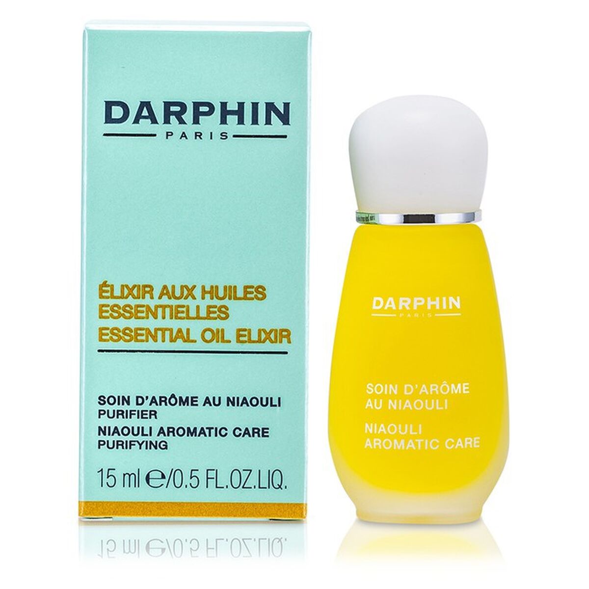 Crème de jour Darphin essential oil elixir in a yellow bottle with turquoise box for purifying facial care.