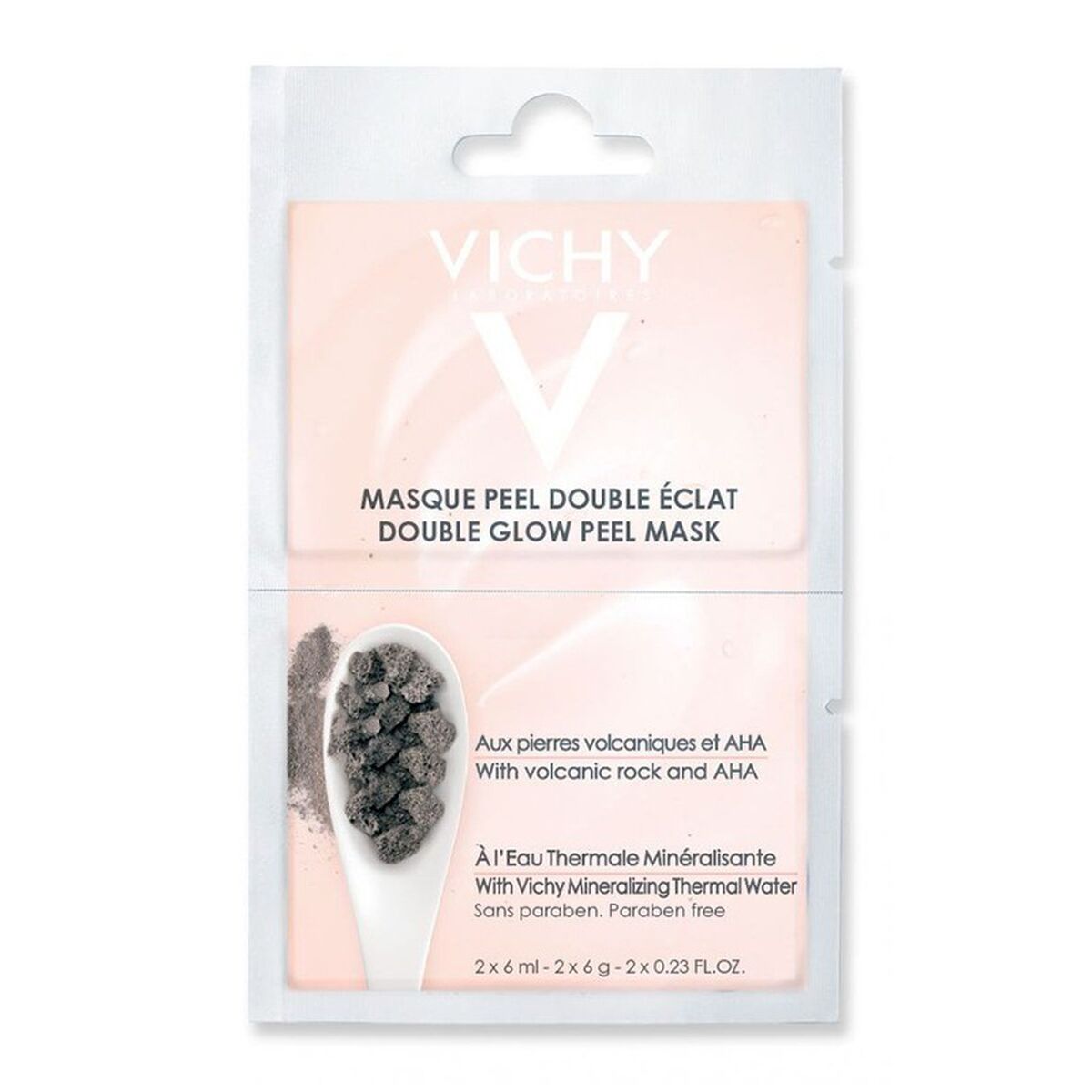 Vichy Double Glow Peel Mask sachet with volcanic rock and AHA for radiant skin, paraben-free formula.