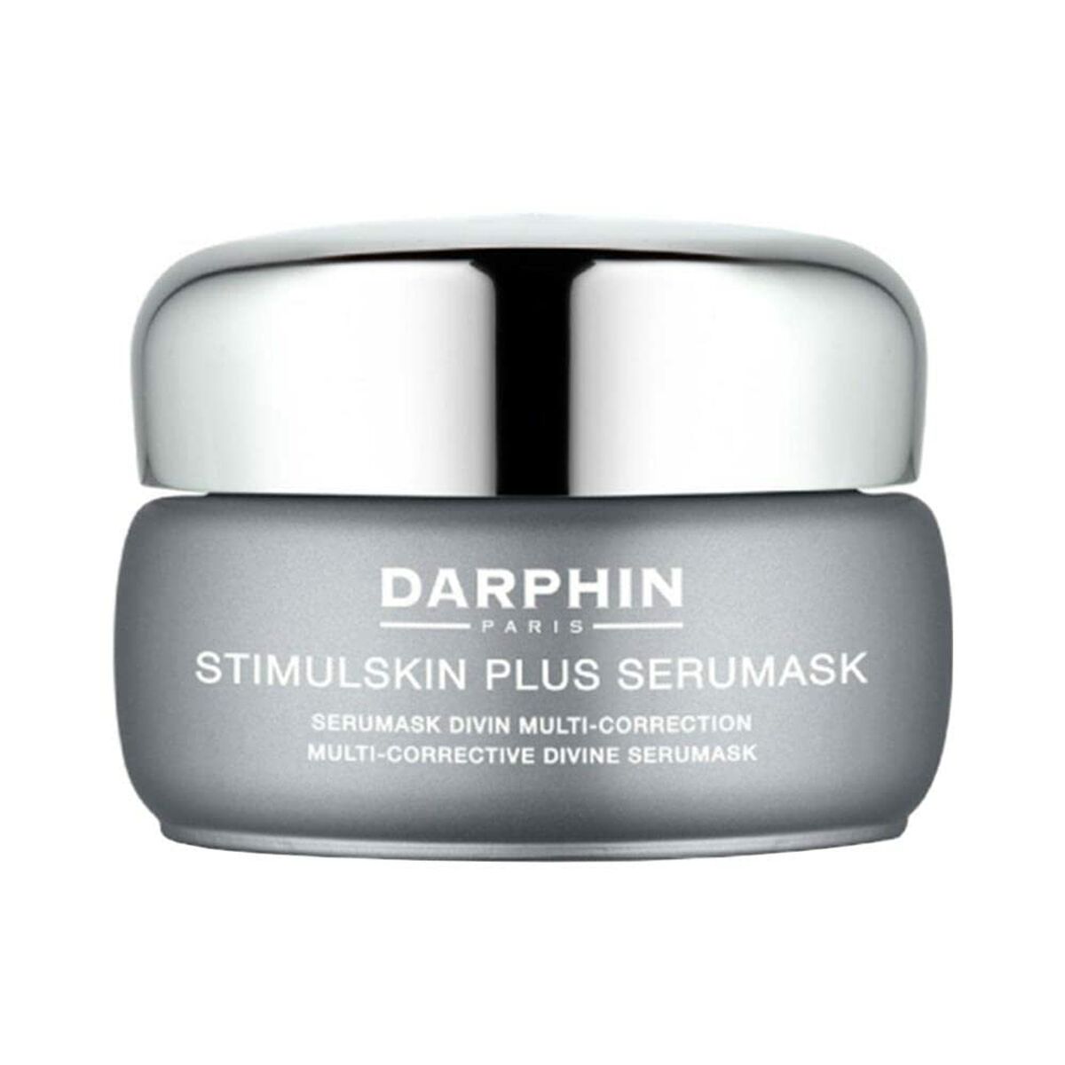 Darphin Stimulskin Plus Serummask, multi-corrective skincare for all skin types, luxurious silver jar.