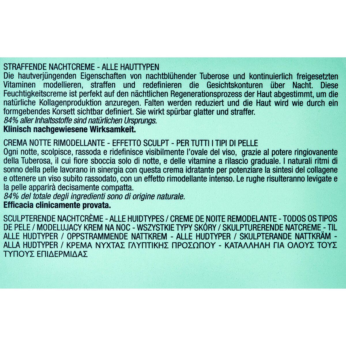 Label information for Crème de nuit, highlighting benefits for all skin types and ingredients in multiple languages.