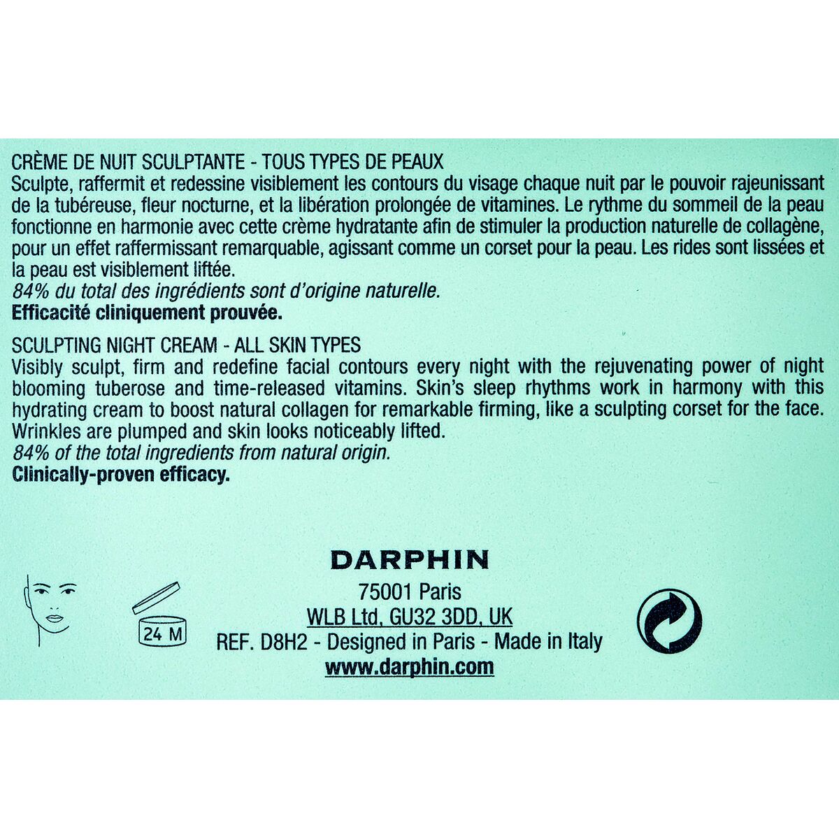 Crème de nuit Darphin 50 ml label detailing ingredients and benefits for skin hydration and contouring.