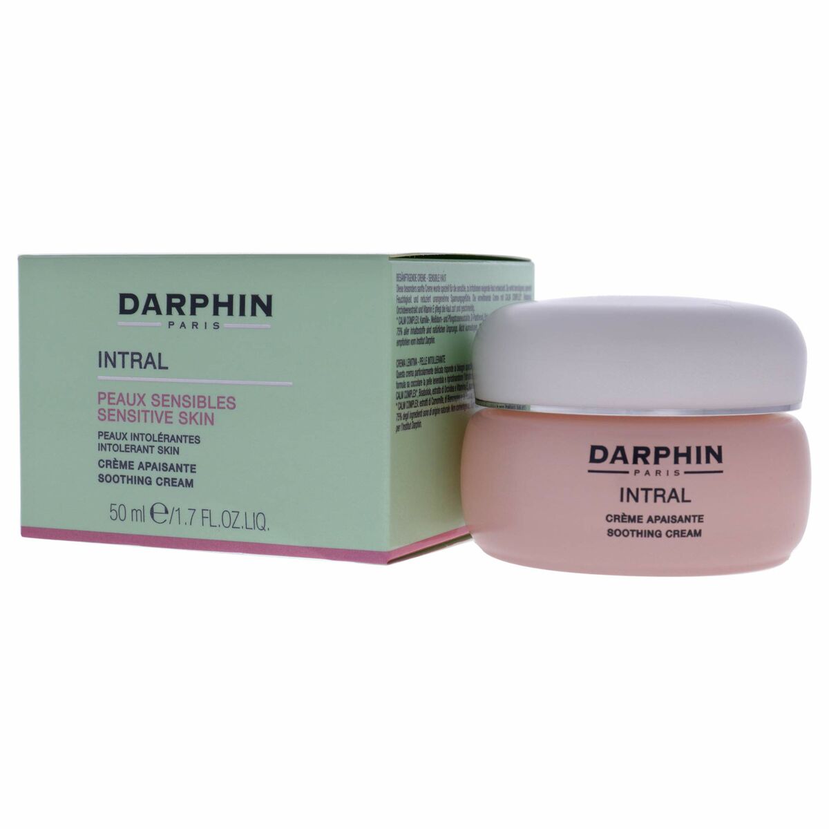 Crème apaisante Darphin Intral 50 ml pour peaux sensibles, boîte et pot de crème, soins de la peau.