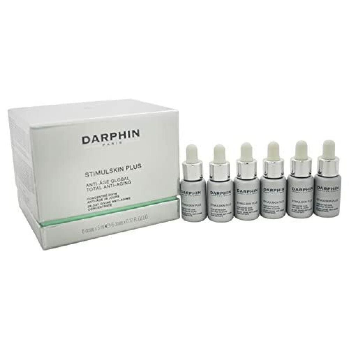 Crème visage Darphin STIMULSKIN PLUS, 6 flacons de sérum anti-âge dans un emballage esthétique.