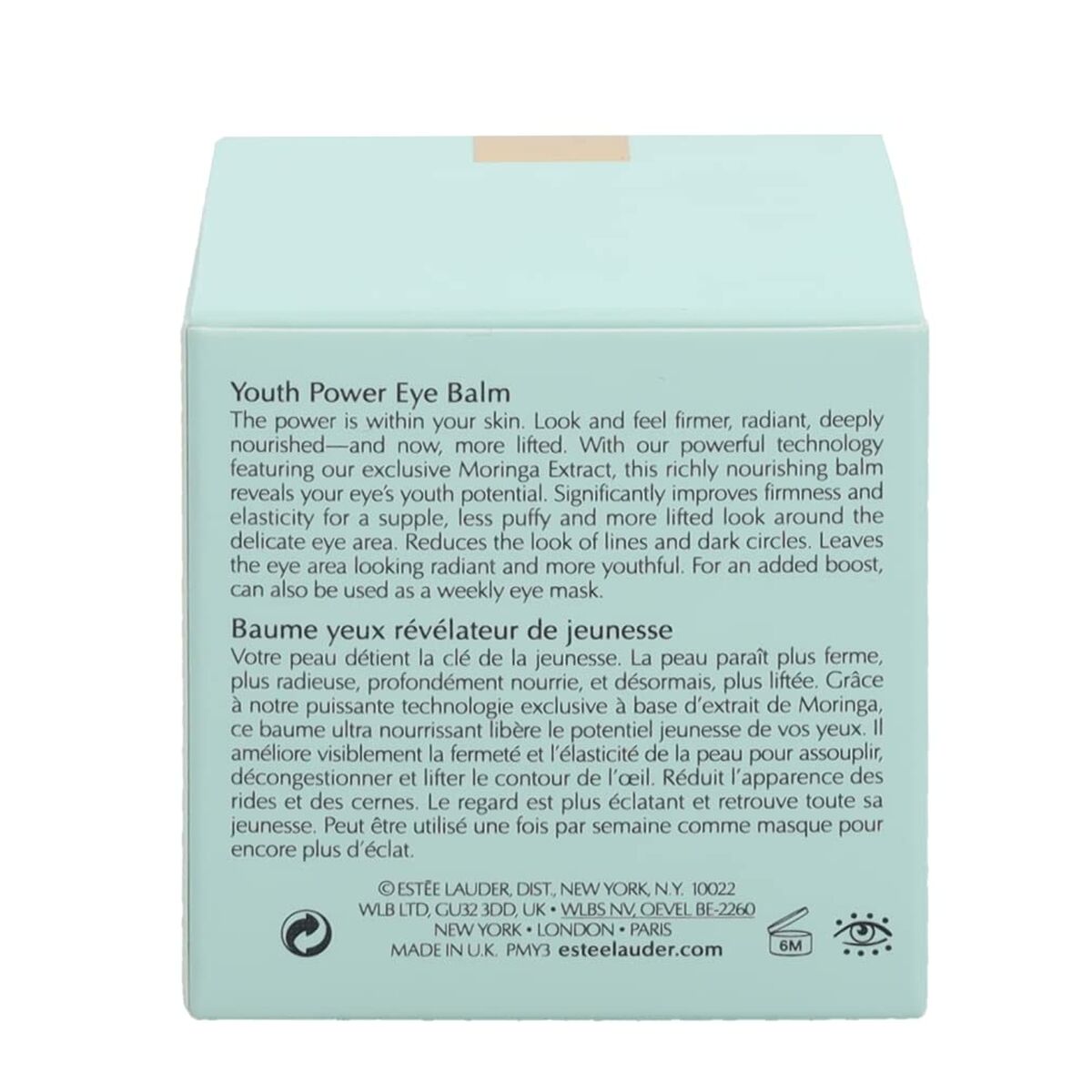 Youth Power Eye Balm Estee Lauder packaging, showcasing anti-aging benefits and nourishing properties for radiant skin.