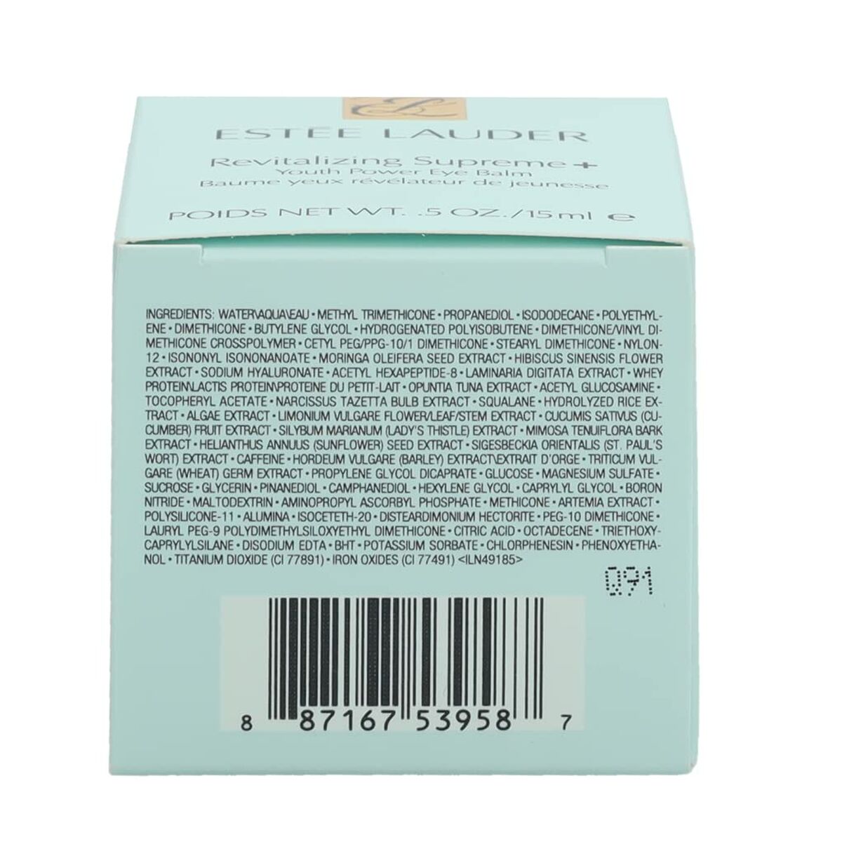 Packaging box of Estee Lauder Revitalizing Supreme Eye Balm 15 ml with ingredient list.