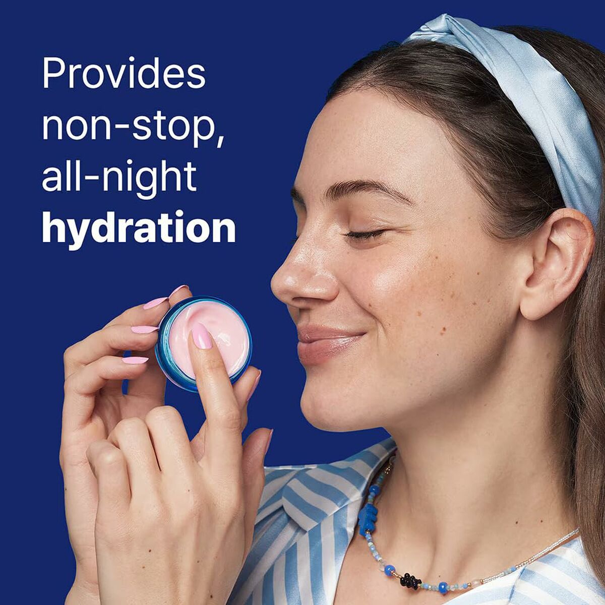 Woman applying DR.JART+ VITAL HYDRA SOLUTION Lip Balm, promoting all-night hydration.
