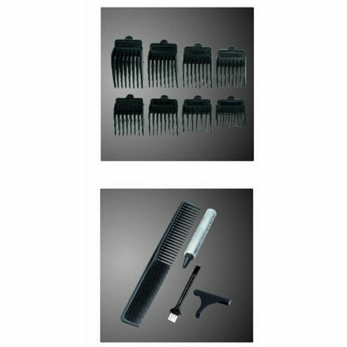 Set of hair clippers attachments, including combs and cleaning tools, designed for use with hair trimmers.