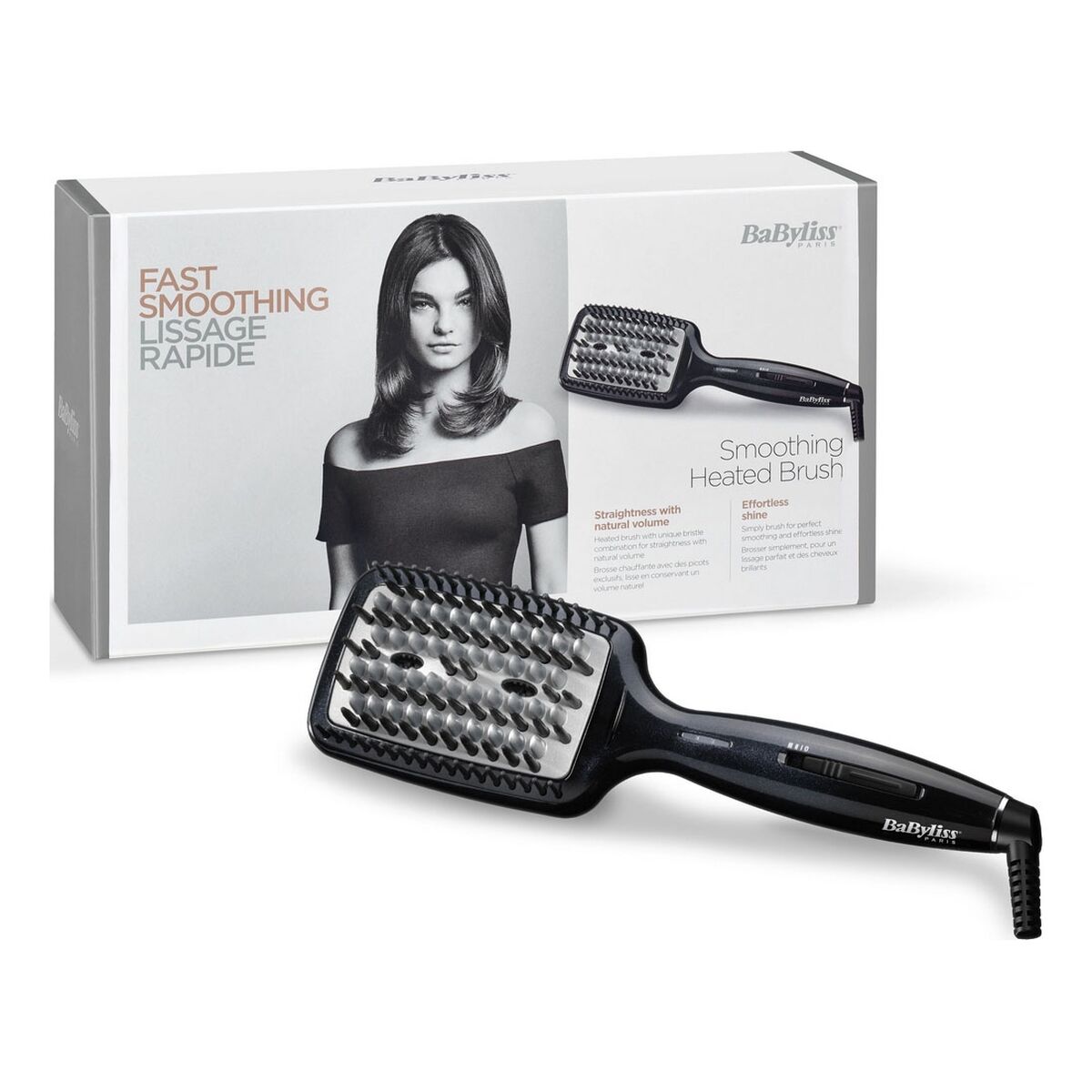 Brosse de lissage Babyliss HSB101E en céramique noire avec emballage, idéale pour tous types de cheveux.