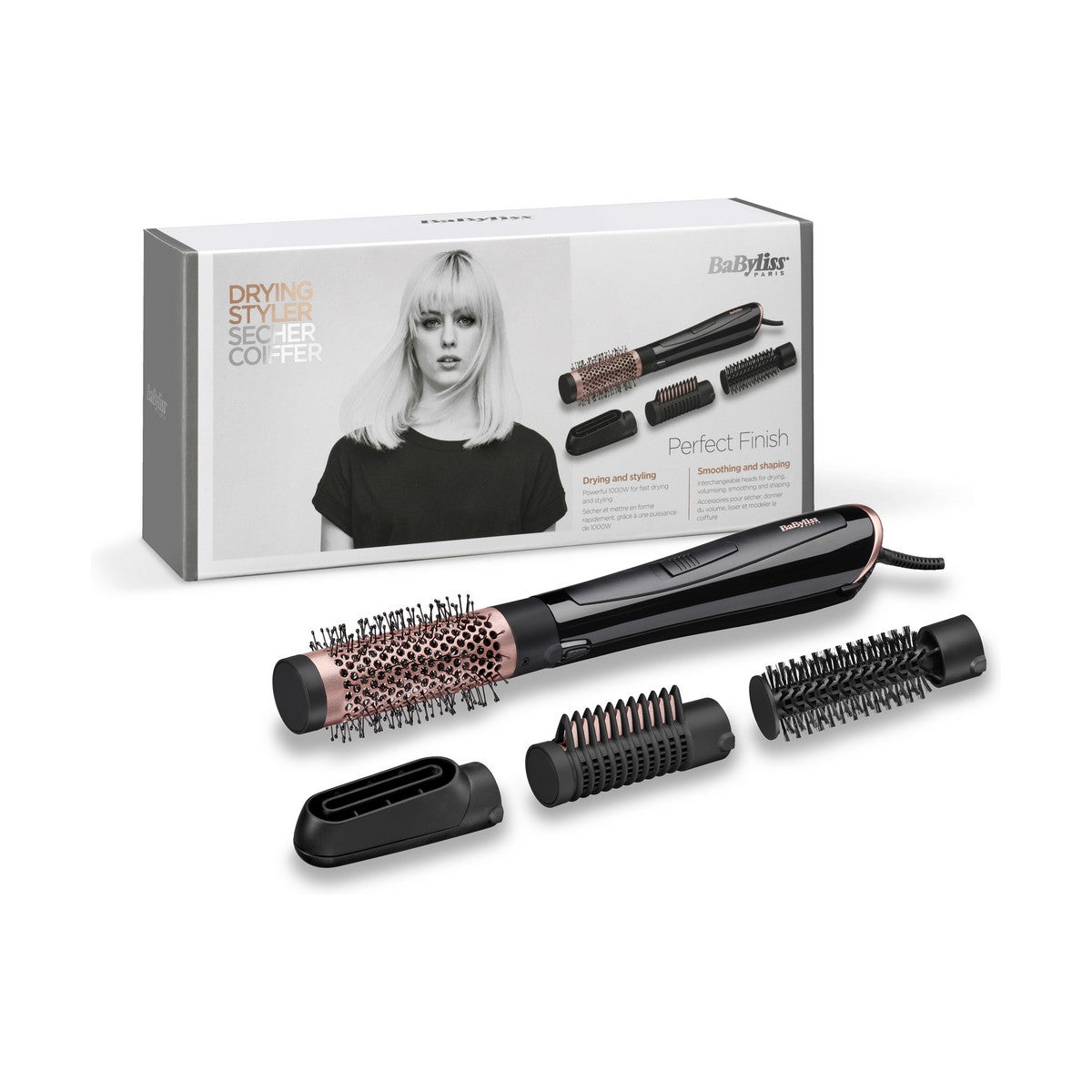 Brosse Babyliss AS126E 1000W avec accessoires pour coiffure, finition parfaite, sur fond gris.