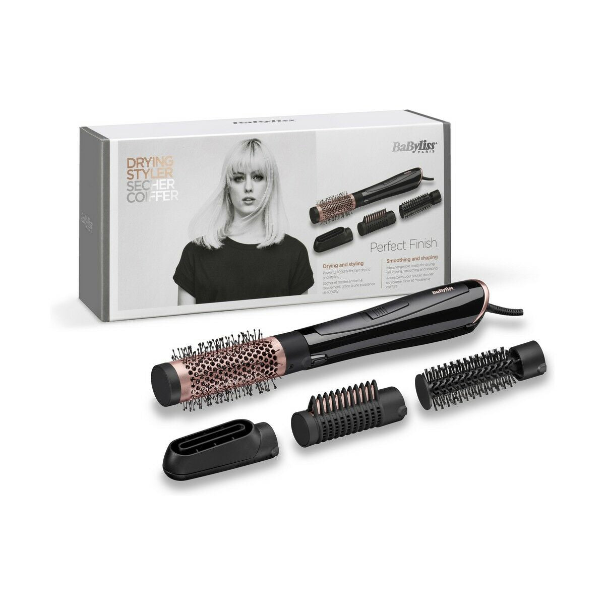 Brosse Babyliss AS126E 1000W avec accessoires pour coiffure et boîte, idéale pour tous types de cheveux.