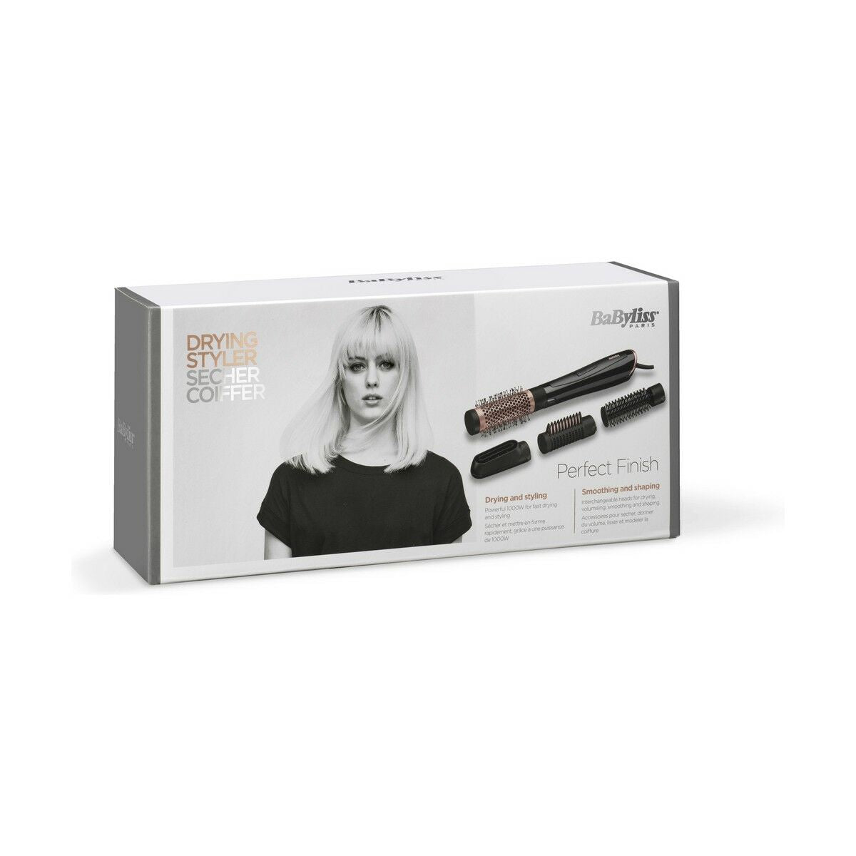 Brosse de lissage Babyliss AS126E 1000W pour tous types de cheveux, packaging avec instructions et accessoires.