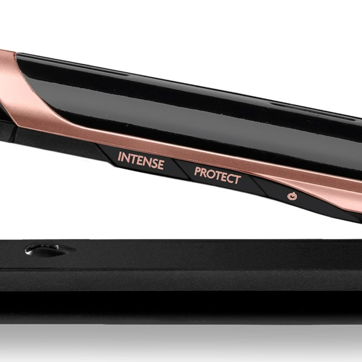 Vue rapprochée du lisseur à cheveux Babyliss Super Smooth 235, boutons Intense et Protect en rose.