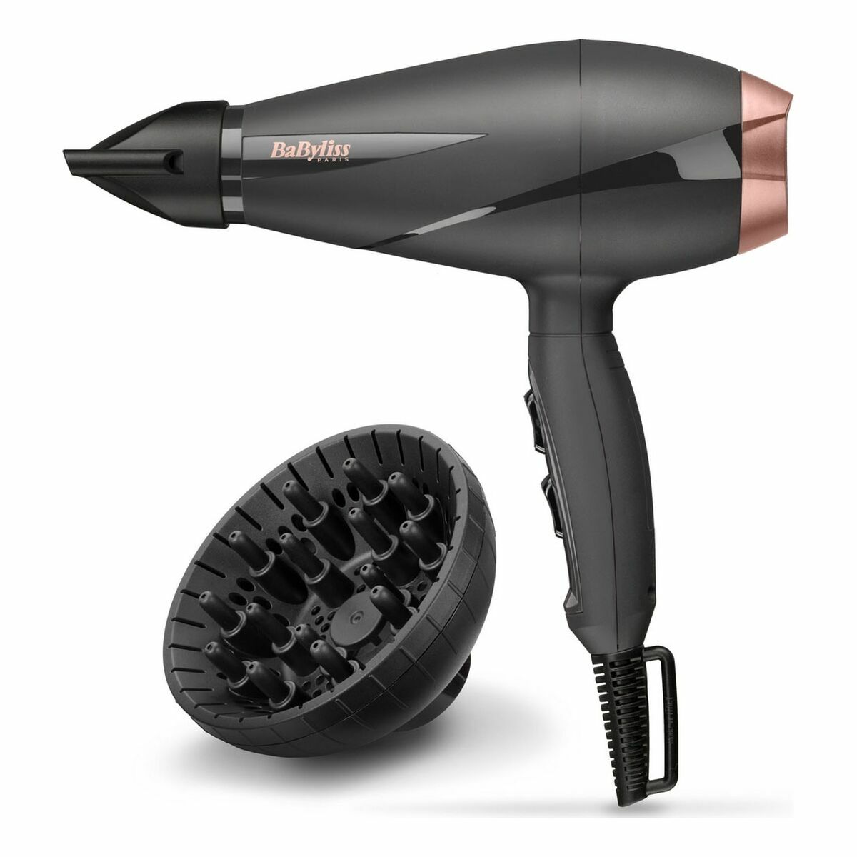 Sèche-cheveux Babyliss Smooth Pro 2100 avec diffuseur noir et détails en rose doré.