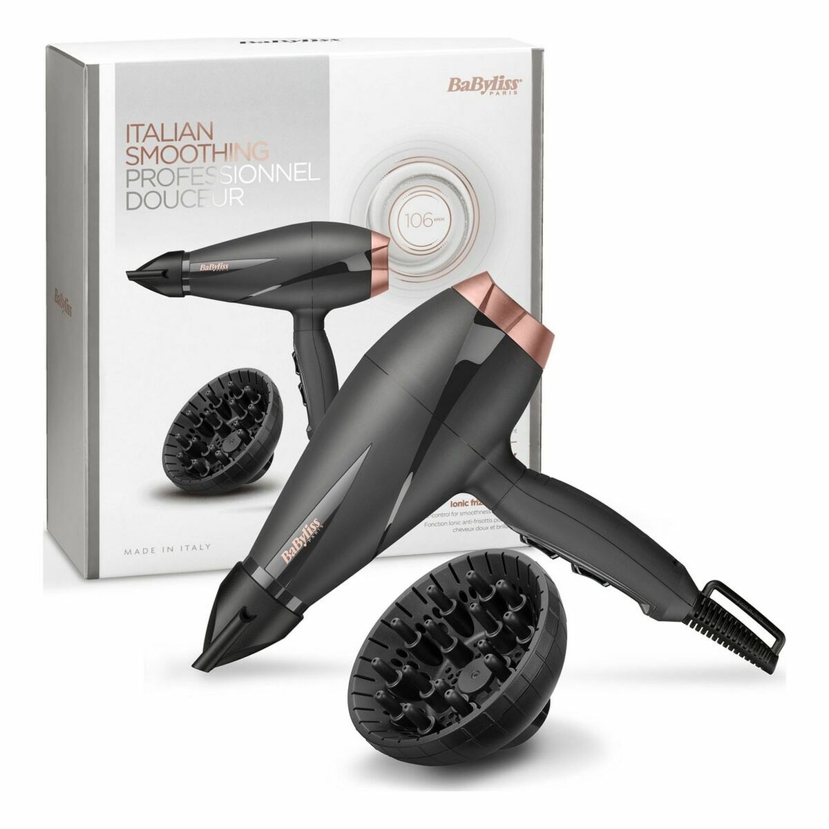 Sèche-cheveux Babyliss 6709DE 2100W Noir Gris foncé avec diffuseur, boîtier en noir et doré, design moderne.