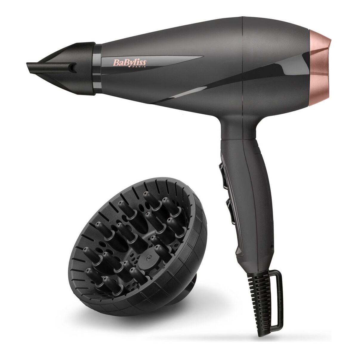 Sèche-cheveux Babyliss 6709DE 2100W noir et gris foncé avec diffuseur, design élégant et fonction ionique.