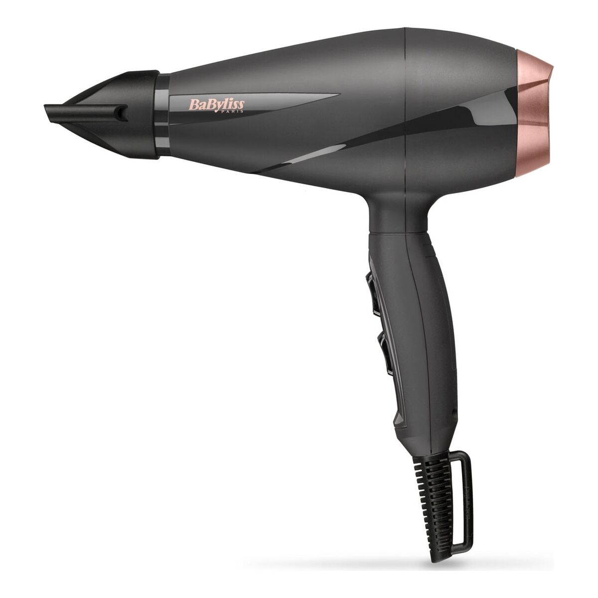 Sèche-cheveux Babyliss 6709DE 2100 W en noir et gris foncé avec fonction ionique et câble rotatif.