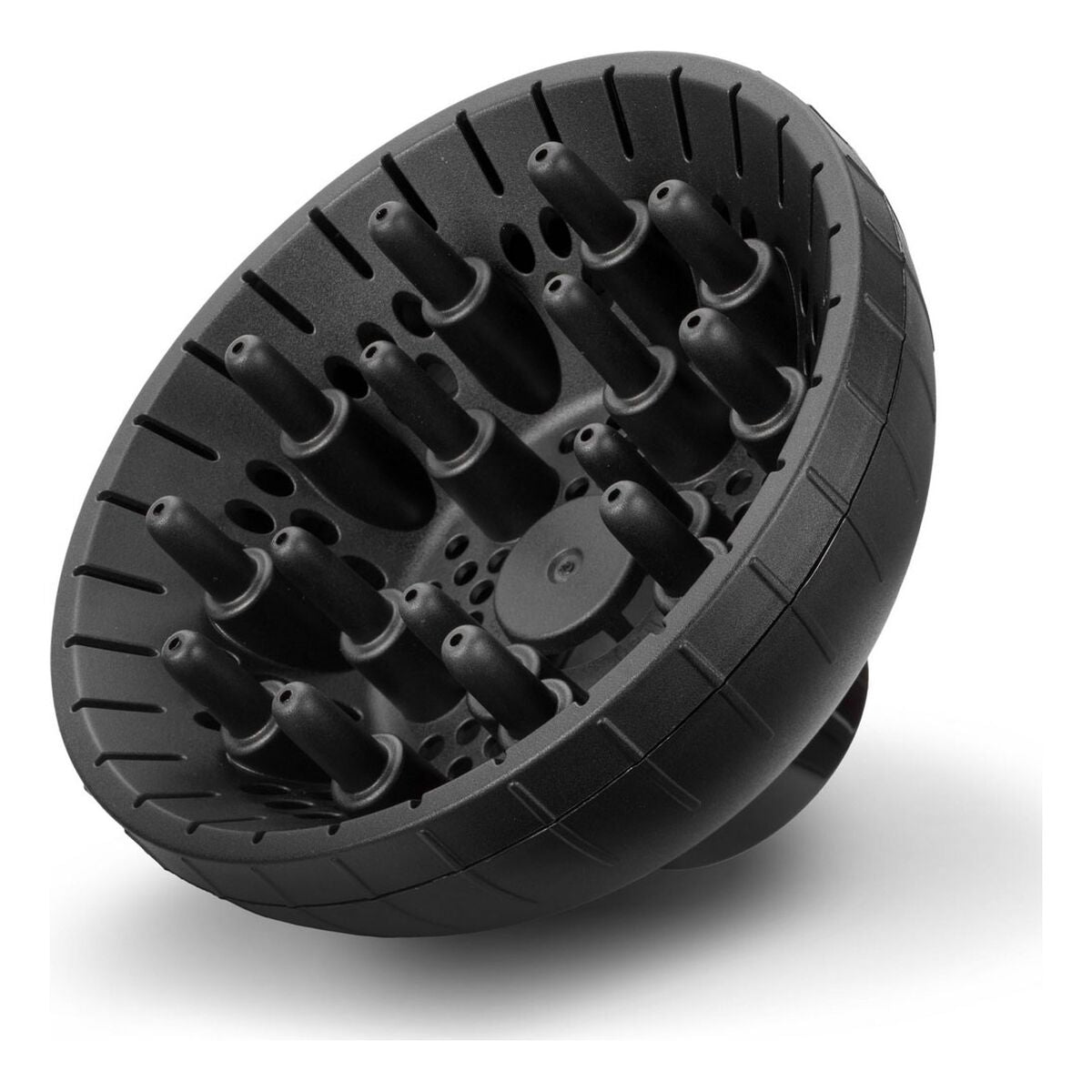 Accessoire diffuseur noir pour sèche-cheveux, idéal pour définir les boucles et sécher les cheveux de manière douce.