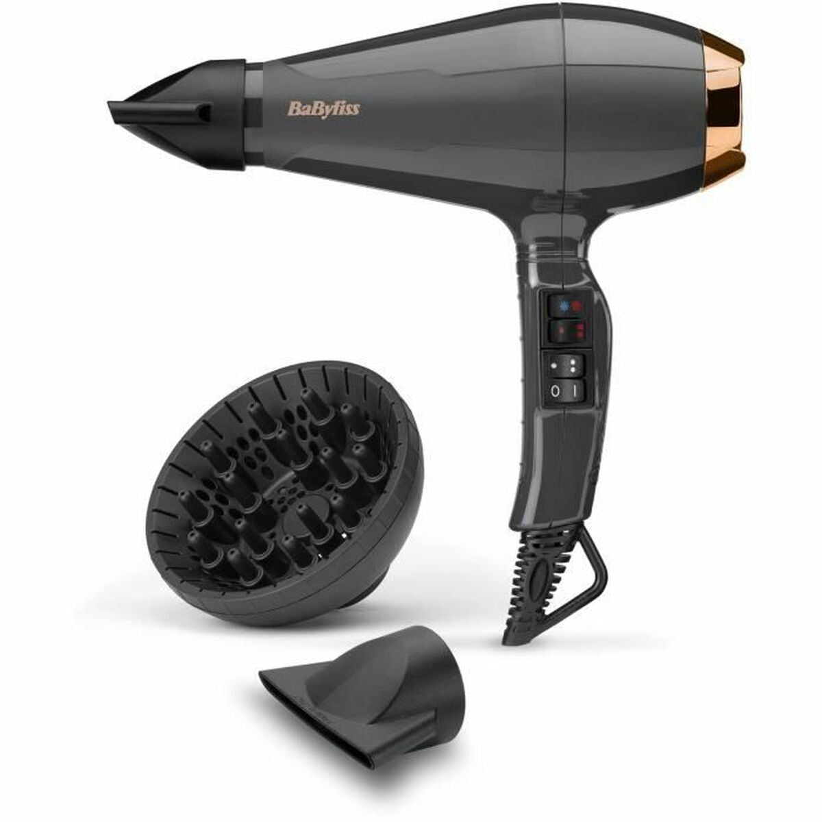 Sèche-cheveux Babyliss 6719DE 2200W Noir Gris avec diffuseur et accessoire, design moderne et puissant.