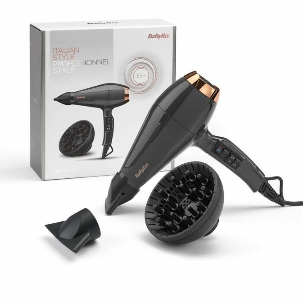 Sèche-cheveux Babyliss 6719DE 2200W noir gris avec diffuseur et boîte en arrière-plan.