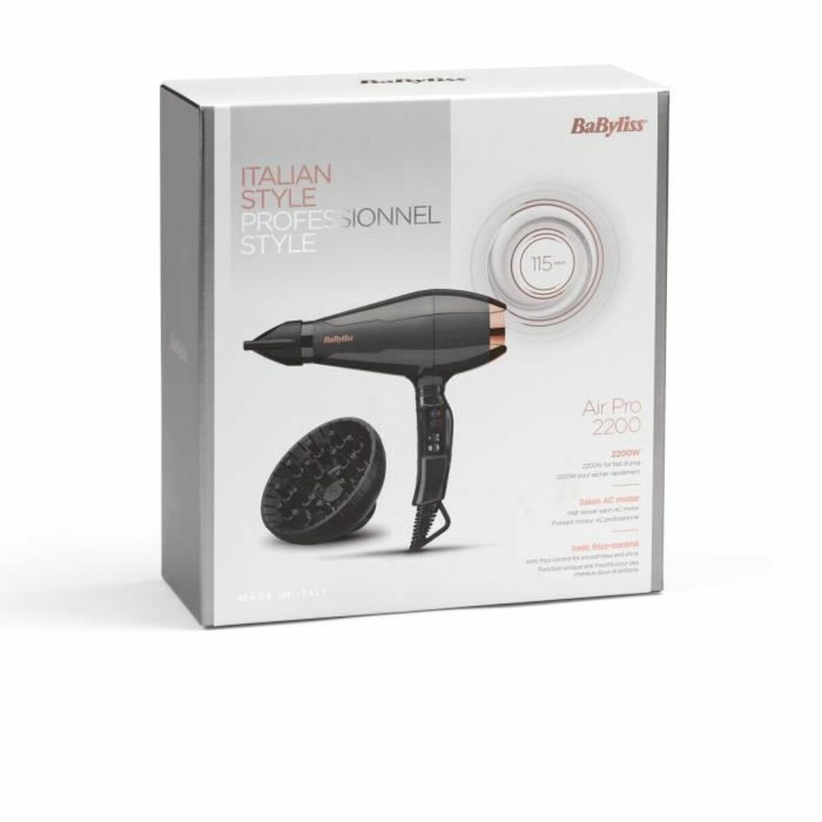 Sèche-cheveux Babyliss 6719DE 2200 W, noir et gris, avec diffuseur, emballage élégant, 2200 W de puissance.