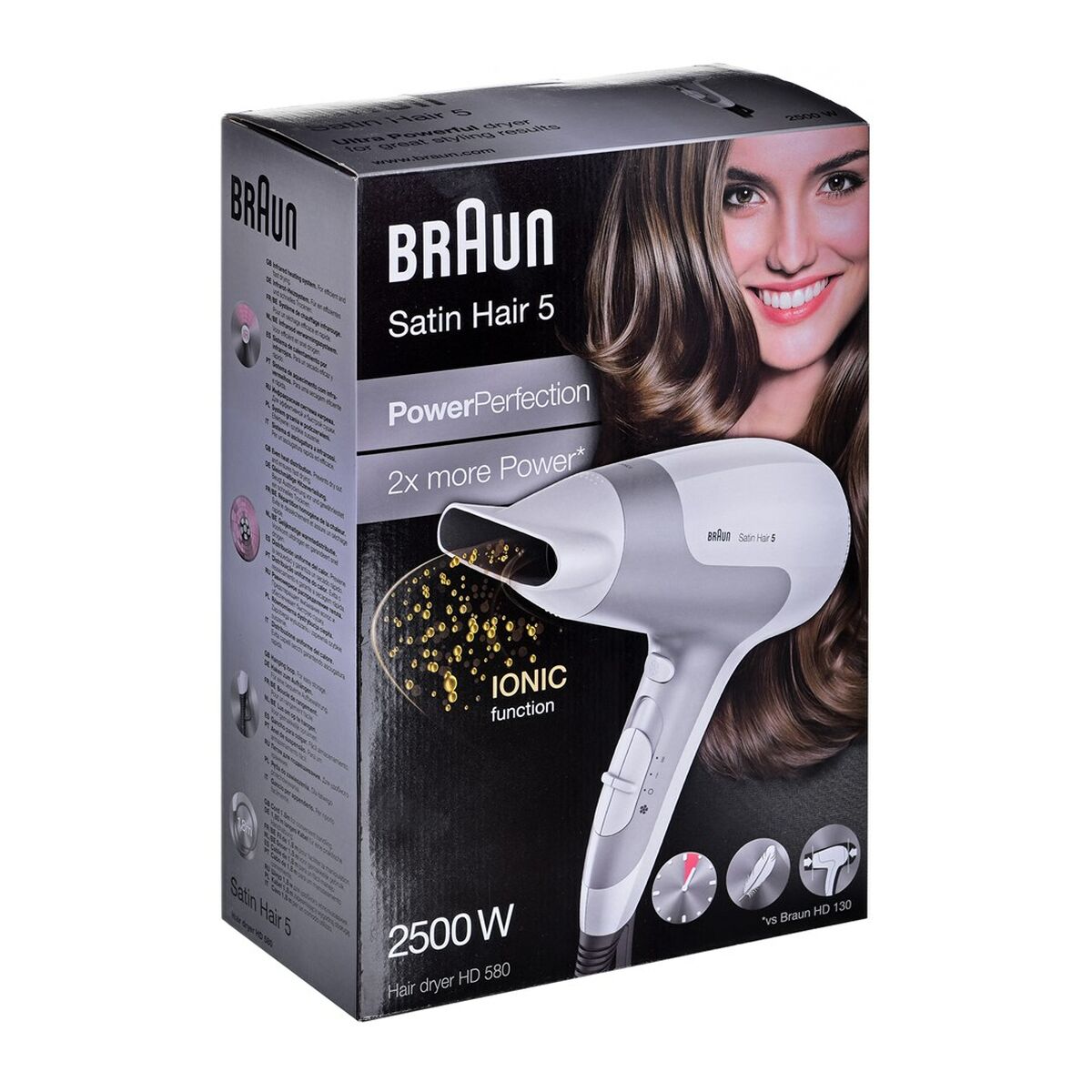 Sèche-cheveux Braun Satin Hair 5 Power Perfection HD580, 2500 W, fonction ionique, couleur blanche.
