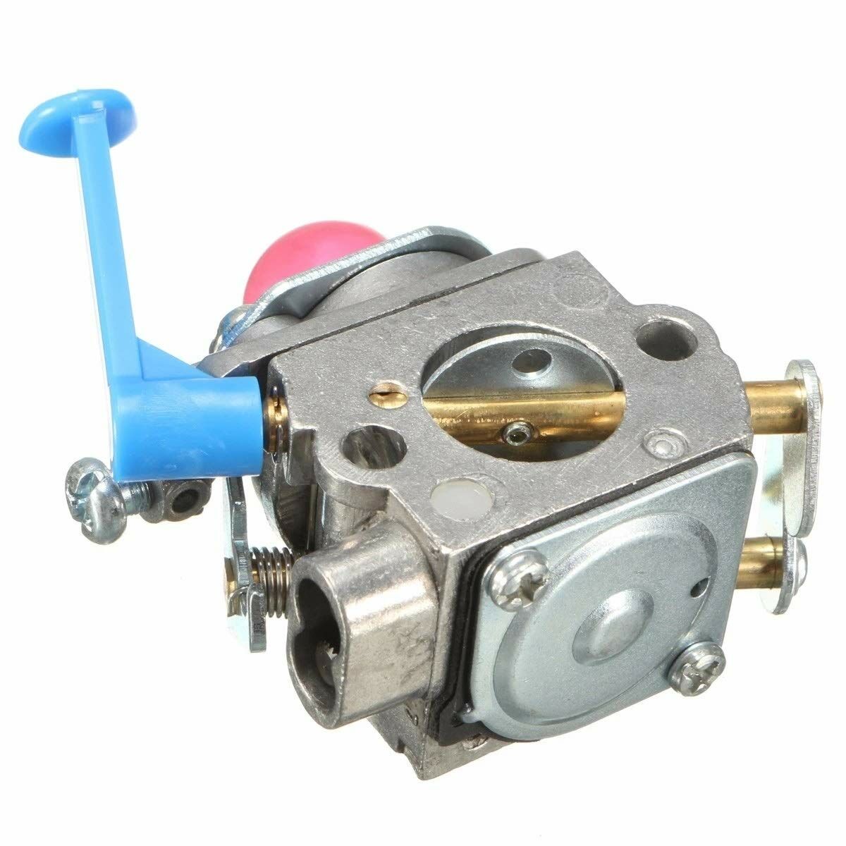 Carburetor component with blue adjustment lever, designed for small engines in various applications.