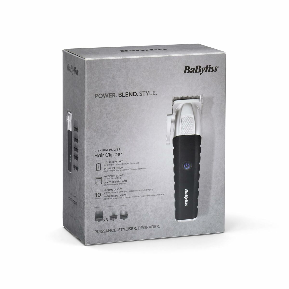 Boîte du rasoir électrique Babyliss T812E avec mentions Power, Blend, Style pour hommes et femmes.