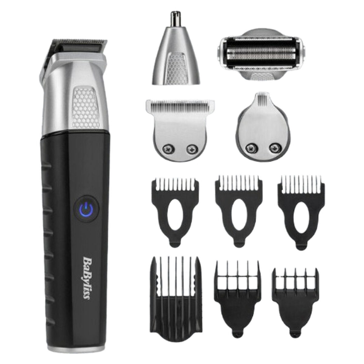 Tondeuse Babyliss MT812E avec têtes magnétiques interchangeables et accessoires pour soins capillaires.