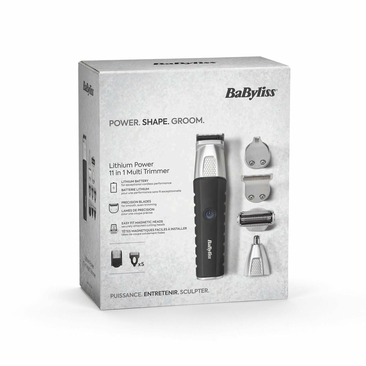 Tondeuse Babyliss MT812E 11 en 1, avec accessoires et têtes interchangeables pour un toilettage précis.