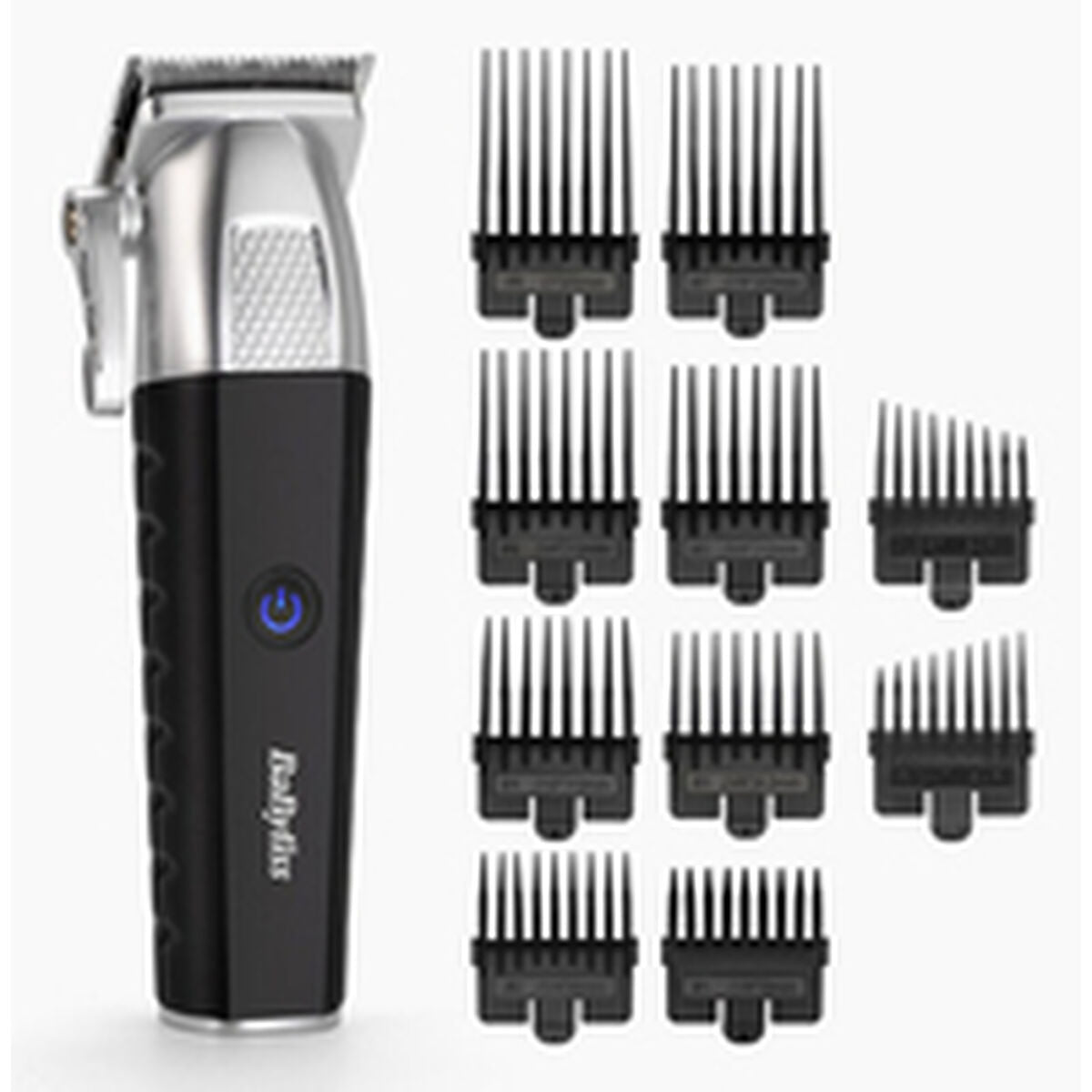 Tondeuse Babyliss E812E avec peignes de coupe, batterie rechargeable, et design ergonomique pour hommes.