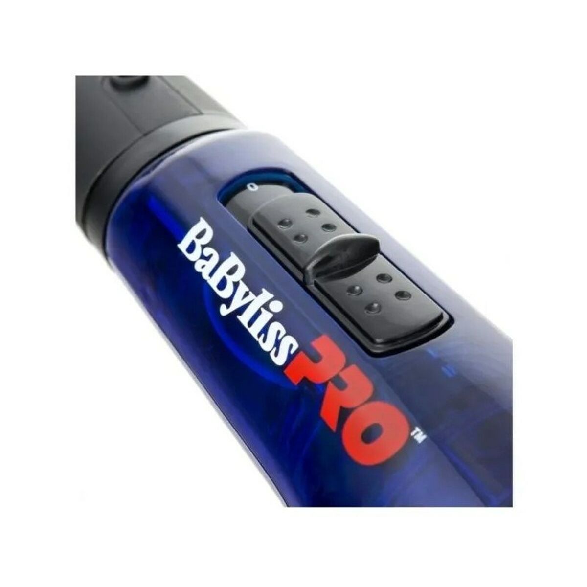 Close-up of the Babyliss PRO hair tool showing control buttons and blue design.