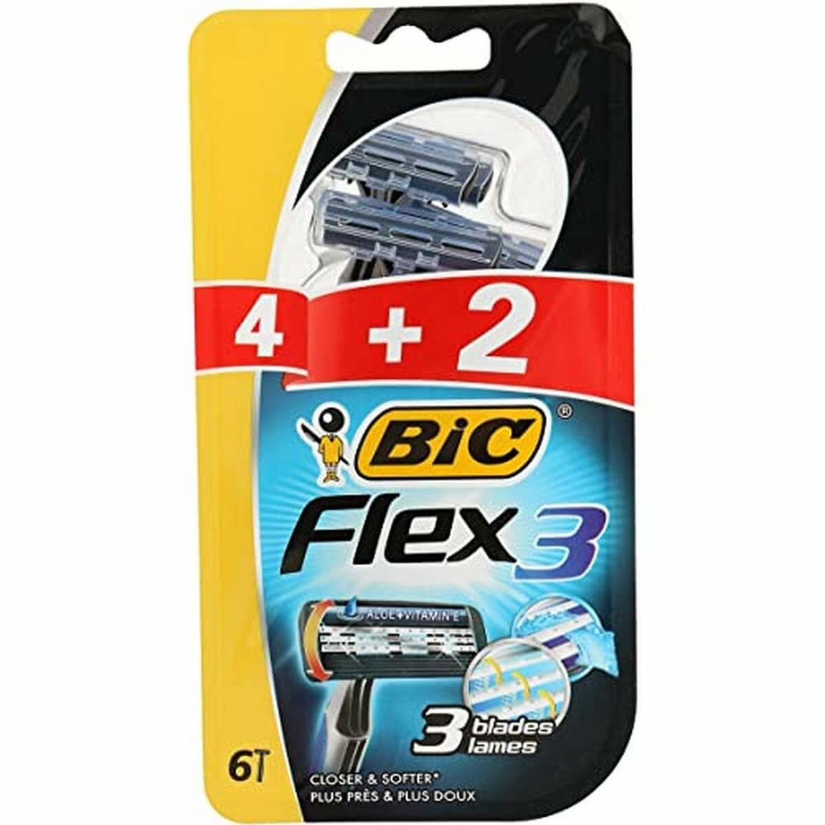 Emballage de rasoir Bic Flex 3 avec 4 unités + 2 gratuites, 3 lames pour un rasage doux et proche.