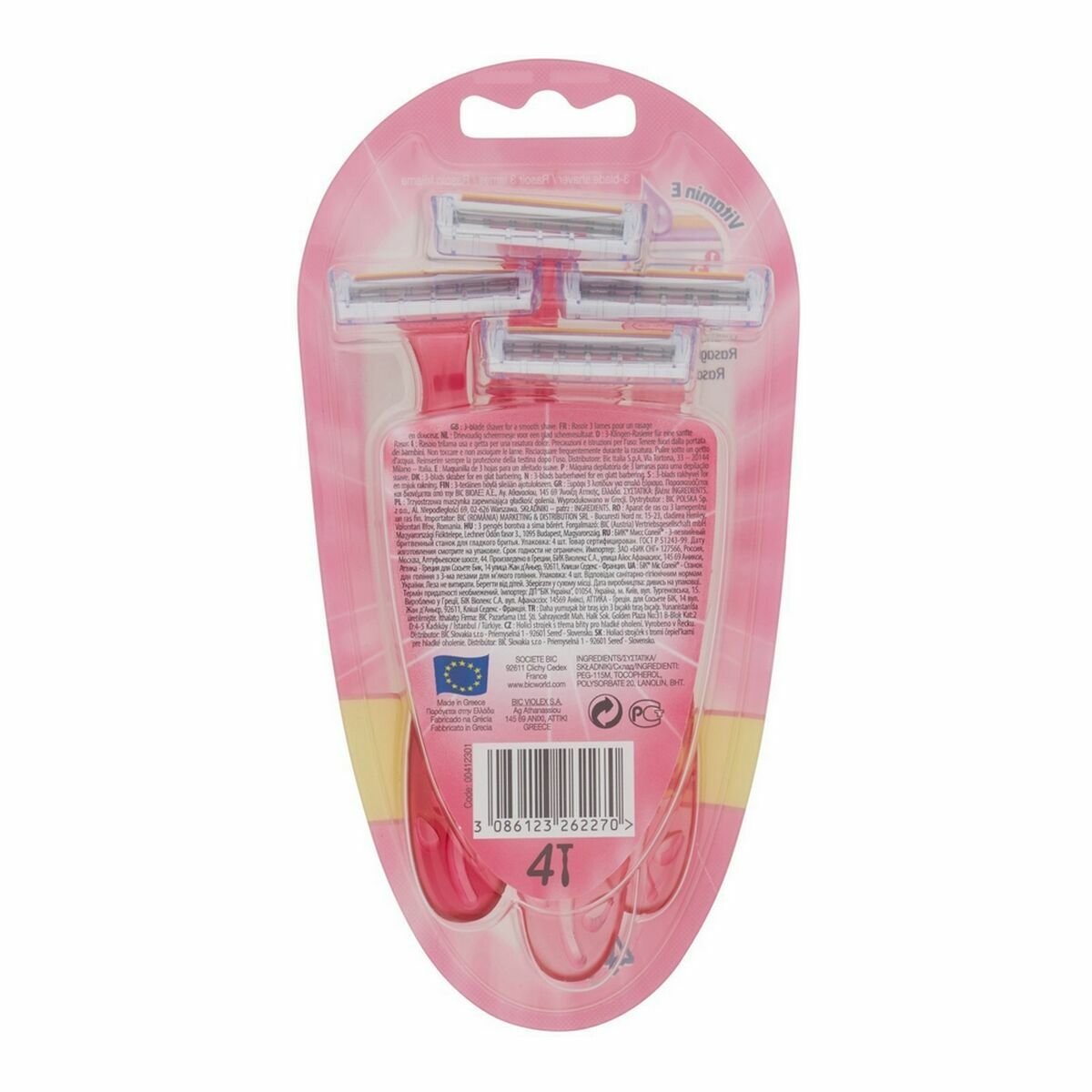 Rasoirs Bic 8897544 Femme en emballage rose, dos du paquet montrant 4 unités et informations produit.
