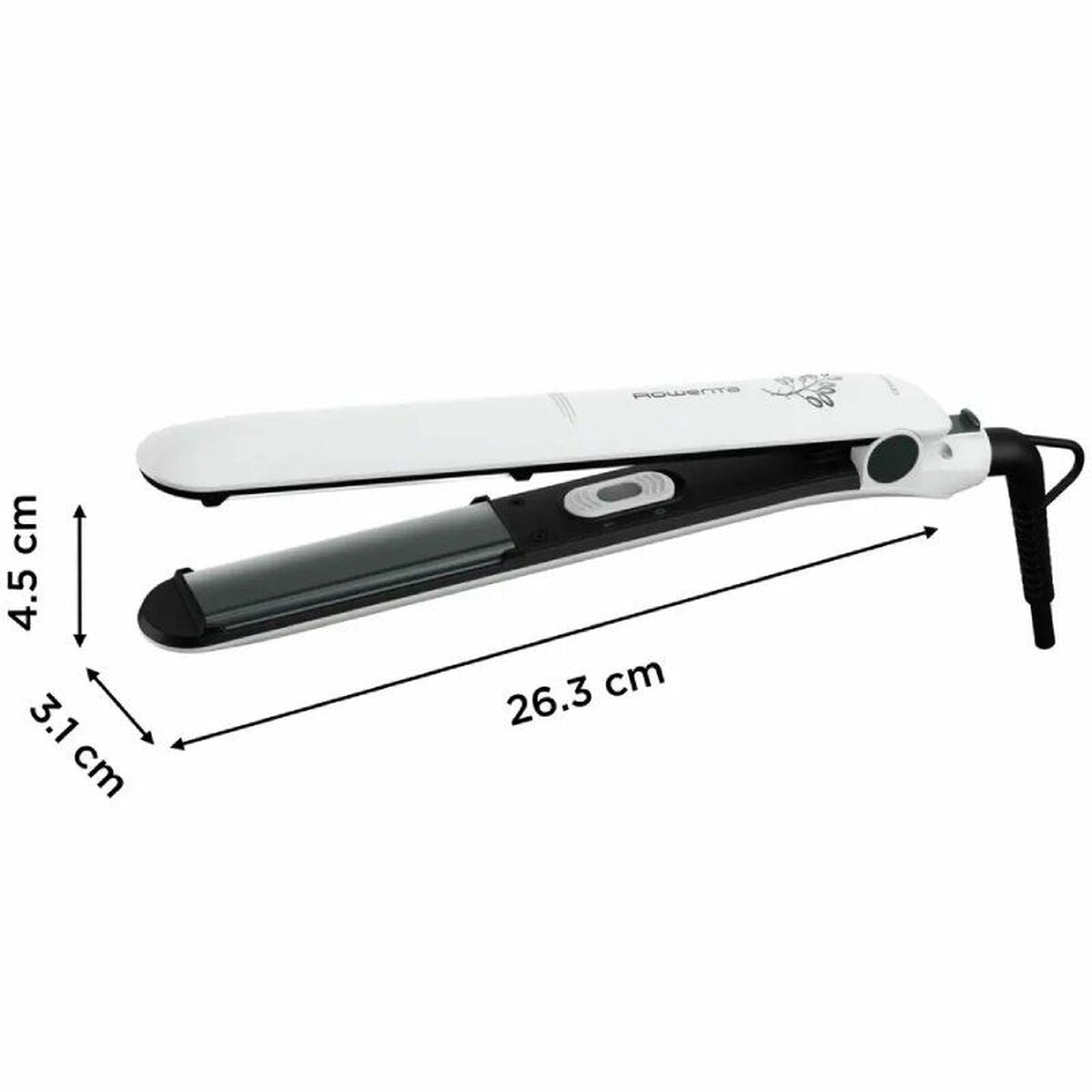 Rowenta Easyliss Pure Collection SF1628F0 hair straightener in white and black with dimensions and ceramic plates.