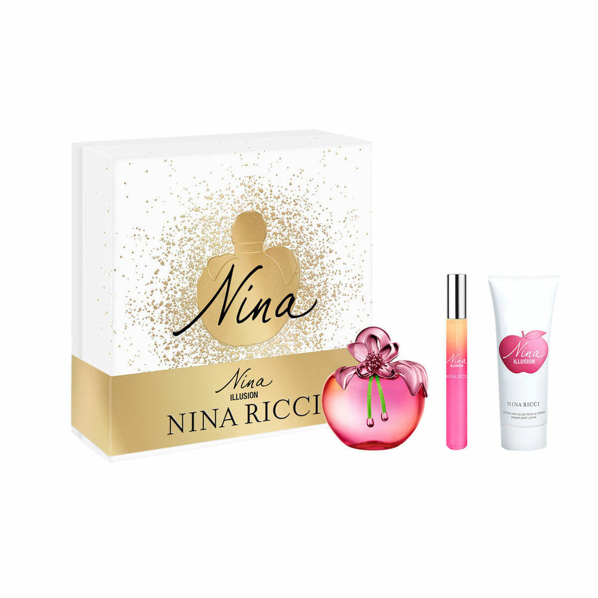 Set de parfum Nina Ricci NINA 3 pièces avec flacon et produits cosmétiques, emballage élégant.