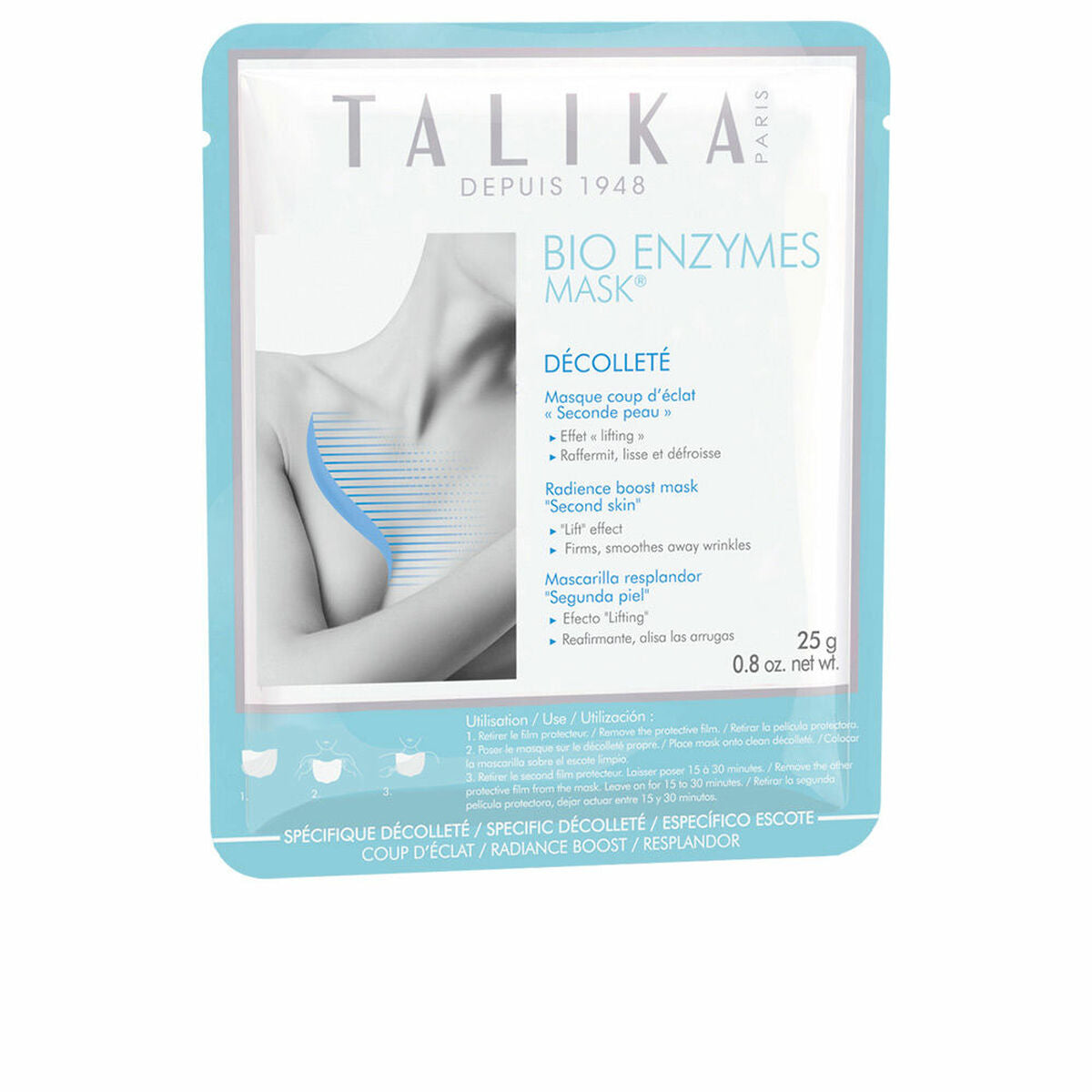 Soin raffermissant cou et décolleté Talika, masque bioenzymes, 25g, pour raffermir et illuminer la peau.