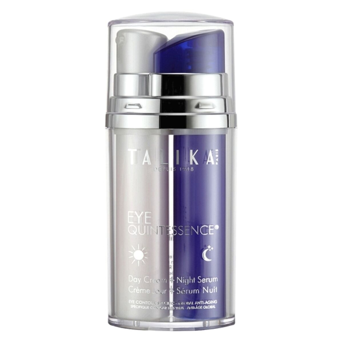 Talika Eye Quintessence 2 x 10 ml Day Night Serum in pump bottle for all skin types, enhancing beauty with original formula.