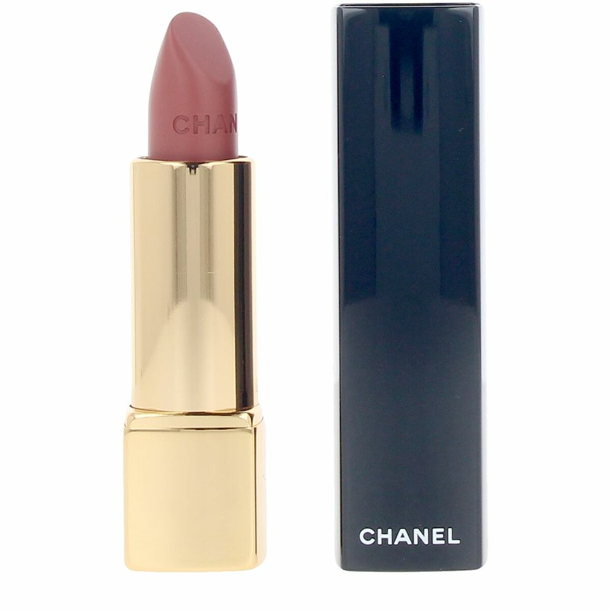 Rouge à lèvres Chanel ROUGE ALLURE Beige, stick de 3,6 g, packaging élégant en noir et doré.