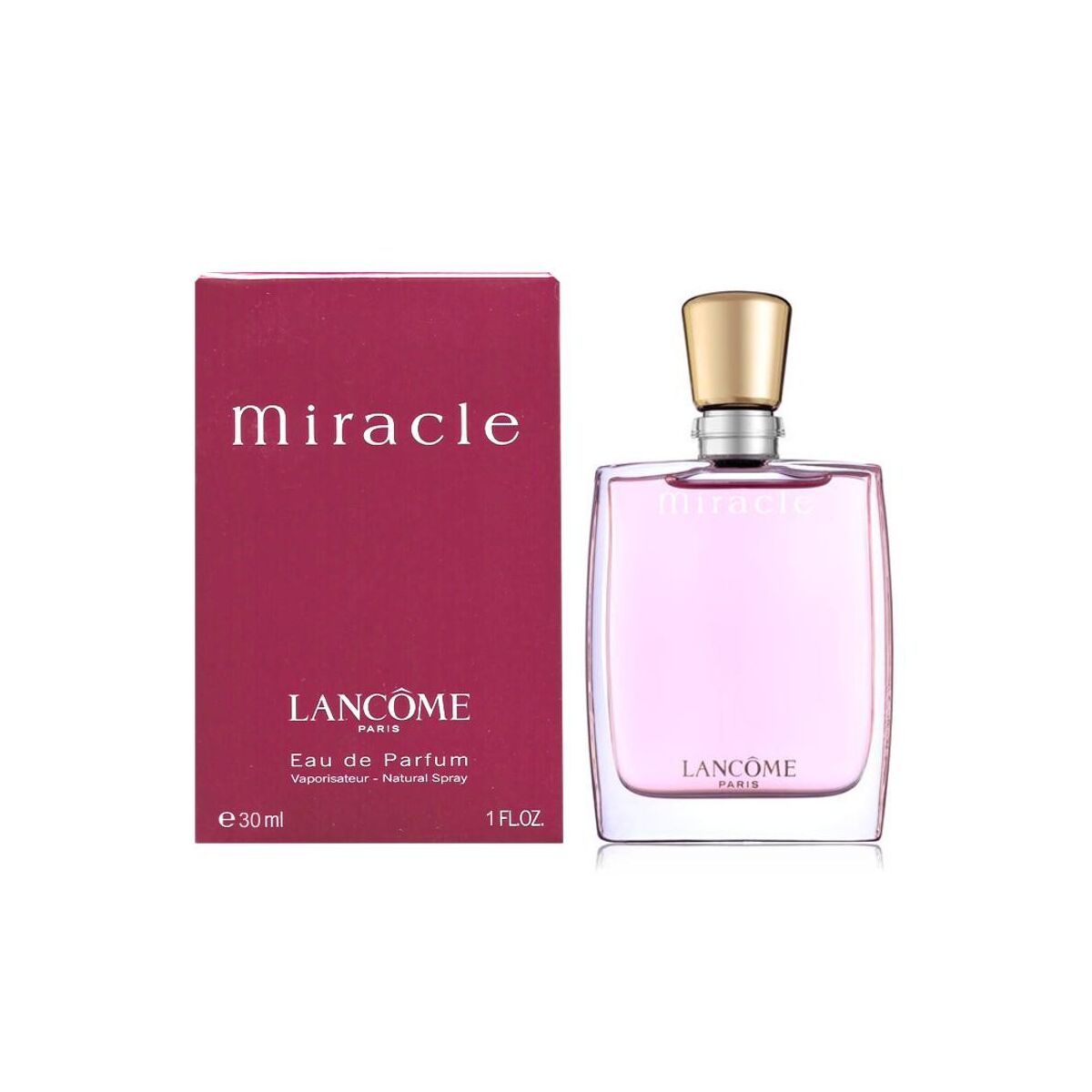 Lancôme Miracle EDP 30 ml perfume bottle with pink packaging, showcasing femininity and elegance.
