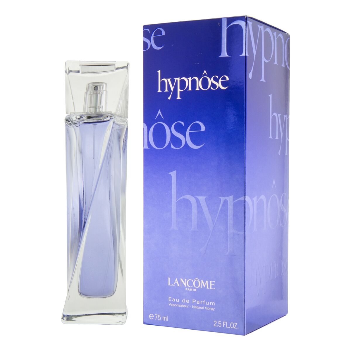 Bouteille de parfum Hypnôse Lancôme 75 ml avec emballage en boîte bleue, EDP pour femme.