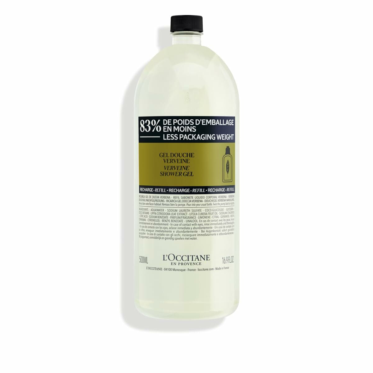 Gel de douche L'Occitane En Provence VERBENA 500 ml, mousse hydratante, emballage durable, adapté à tous types de peau.