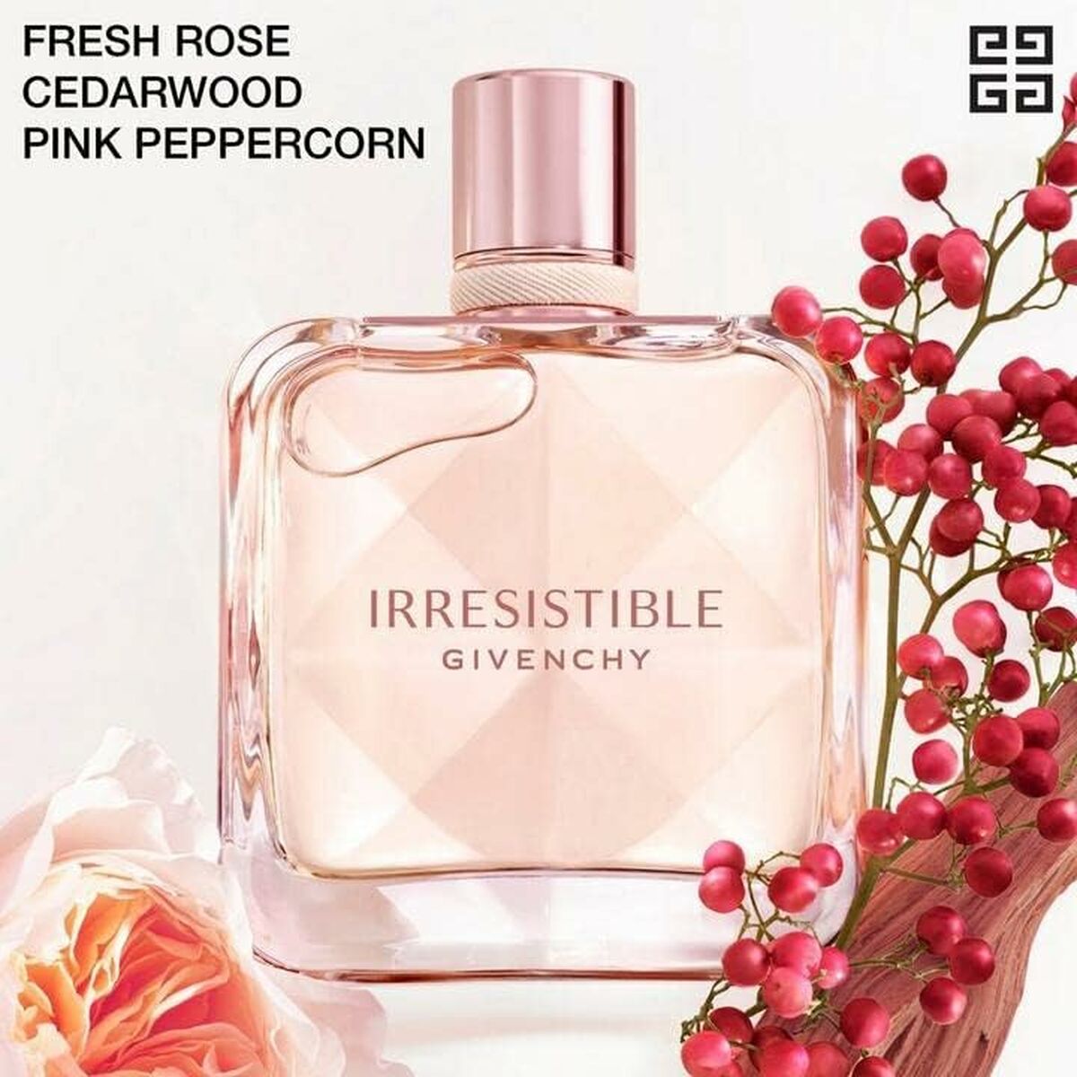 Givenchy Irresistible EDT 80 ml showcasing fresh rose, cedarwood, and pink peppercorn in an elegant bottle.