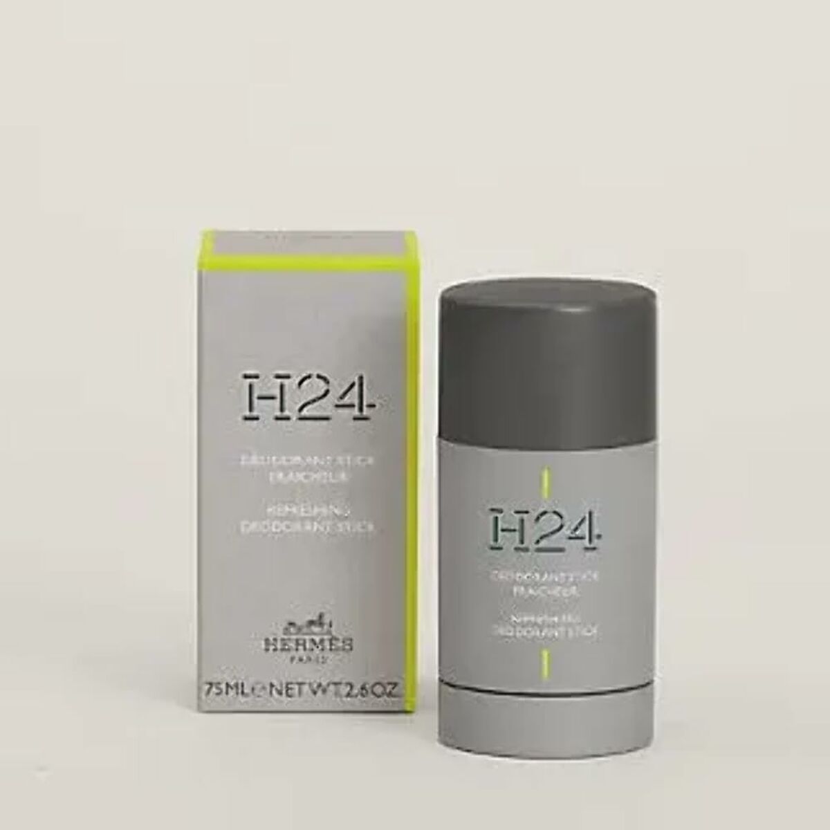 Hermes H24 men's deodorant stick 75ml in packaging for personal care and hygiene.