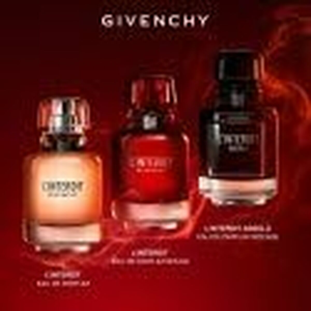 Givenchy parfum bottles display: L'Interdit, L'Interdit Absolu, and Eau de Toilette set on a red background.