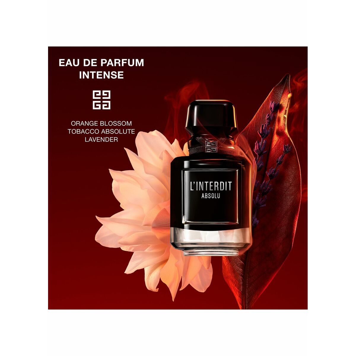 Givenchy L'Interdit Absolu perfume 50ml with notes of orange blossom, tobacco absolute, and lavender against a floral background.