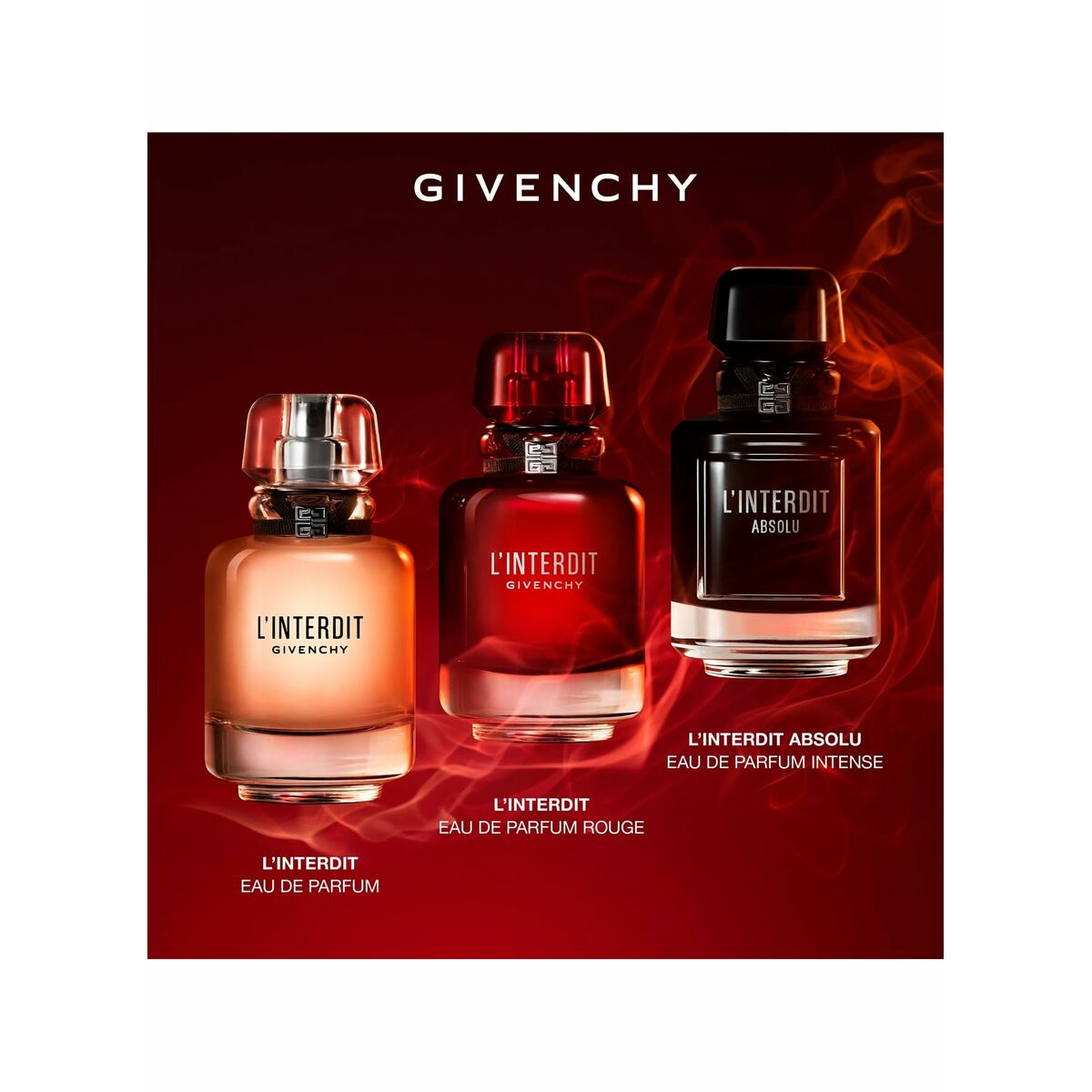 Three Givenchy L'Interdit fragrances: Eau de Parfum, Eau de Parfum Rouge, and L'Interdit Absolu displayed on a red background.