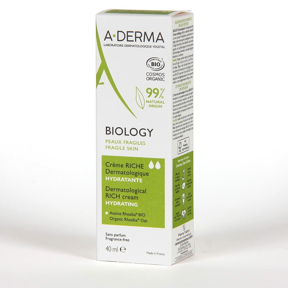 Crème Hydratante A-Derma Biology 40 ml, crème riche pour peau fragile, sans parfum, cosmétique bio.