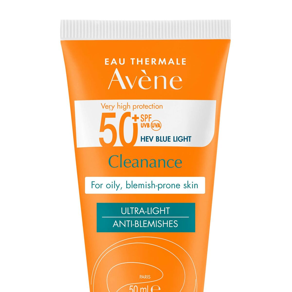 Tube de Lotion corporelle Avene Cleanance 50 ml, protection solaire SPF 50+, adapté aux peaux grasses et sujettes aux imperfections.