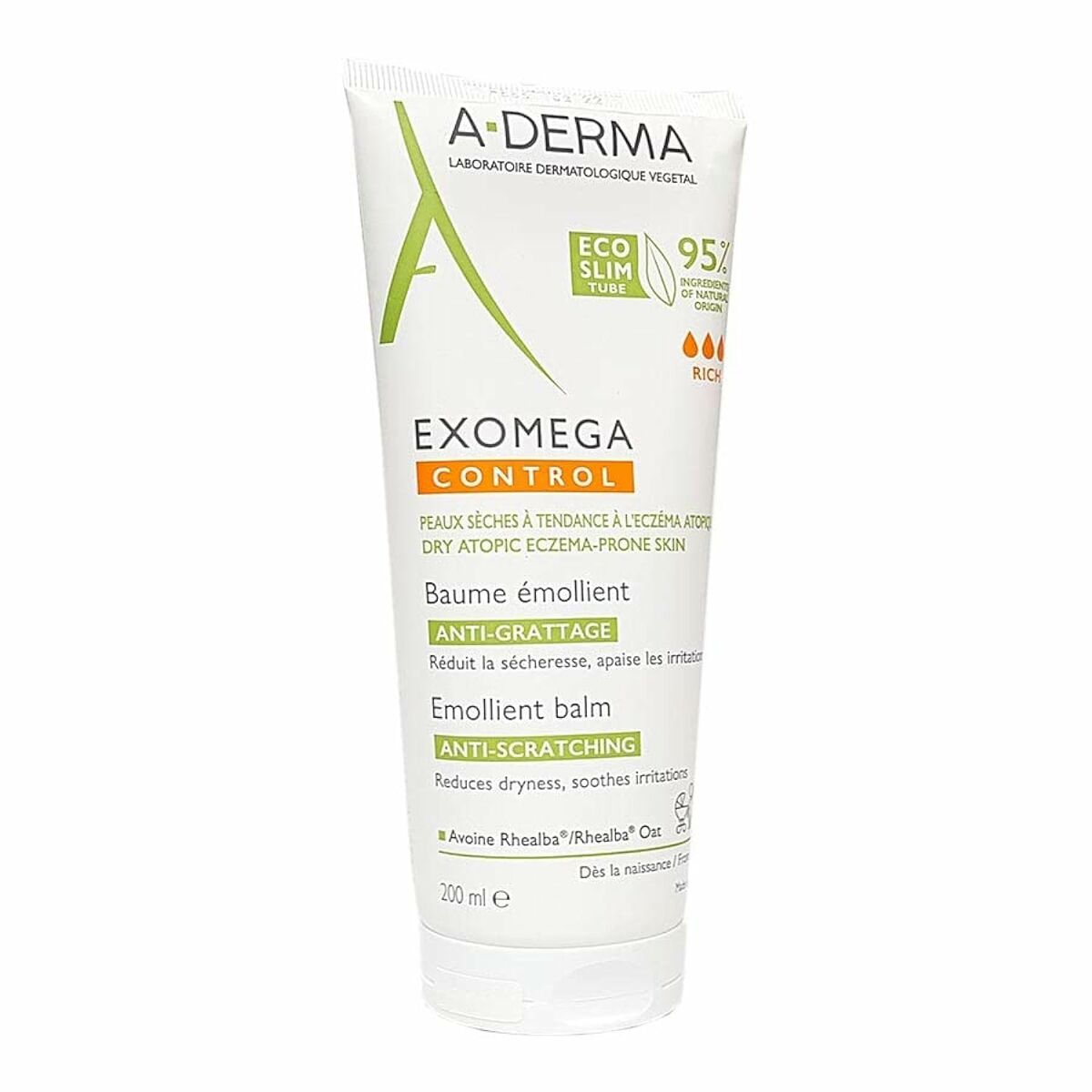 Baume A-Derma Exomega Control 200 ml pour apaiser démangeaisons et irritation de la peau sèche et atopique.