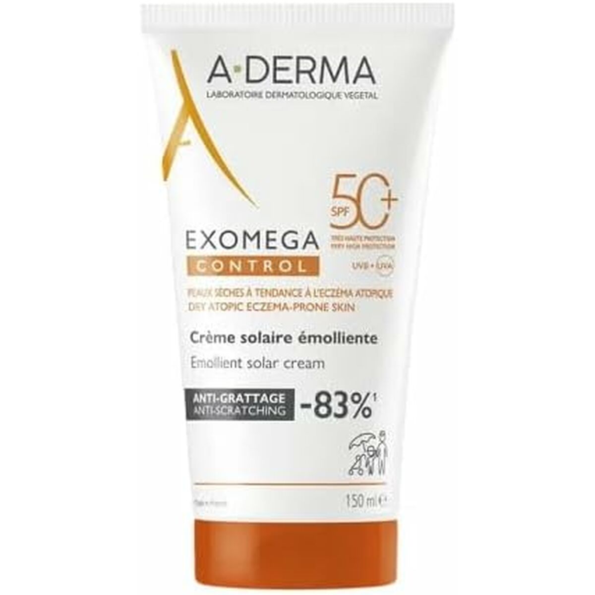A-Derma EXOMEGA Control emollient solar cream SPF 50+ for dry, eczema-prone skin in a 150ml tube.